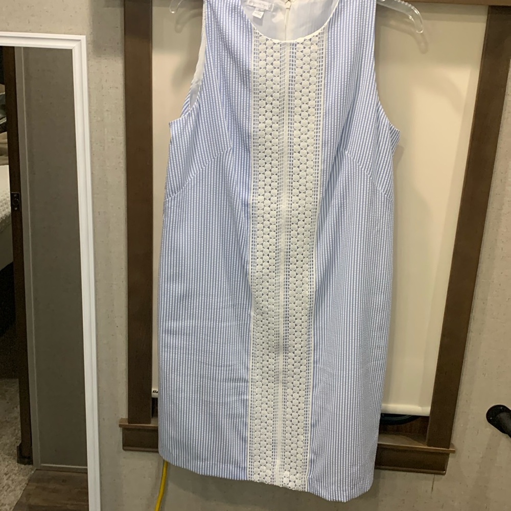 London times Sleeveless shift Dress Size 14 Like NEW Blue/White lace Front CUTE